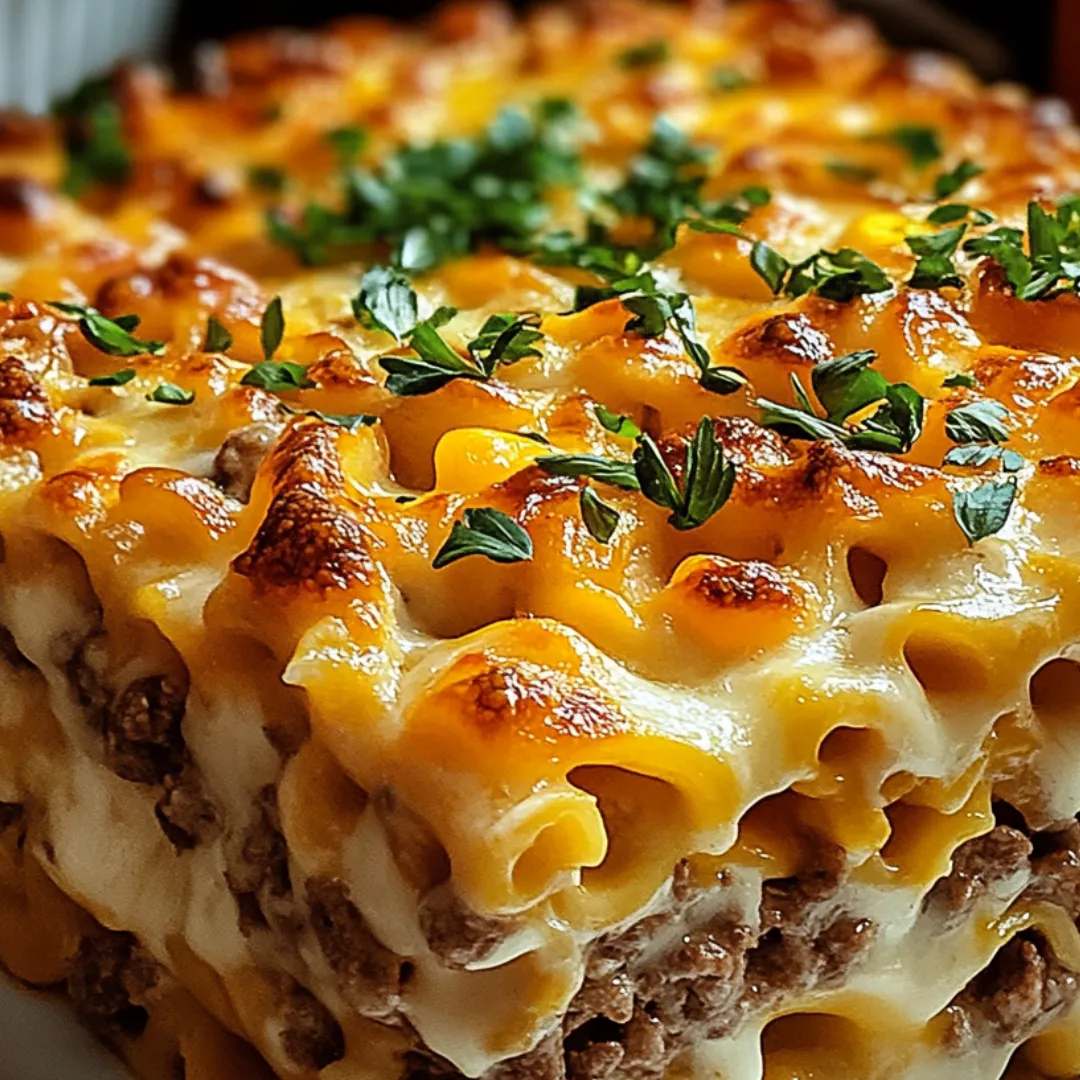 Baked pasta casserole topped with melted cheese and veggies.