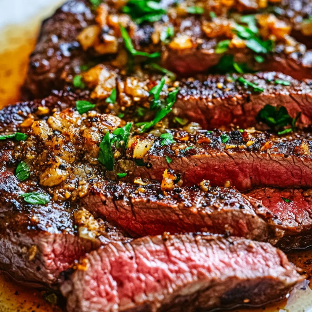 Close-up of a seasoned steak bursting with flavor.