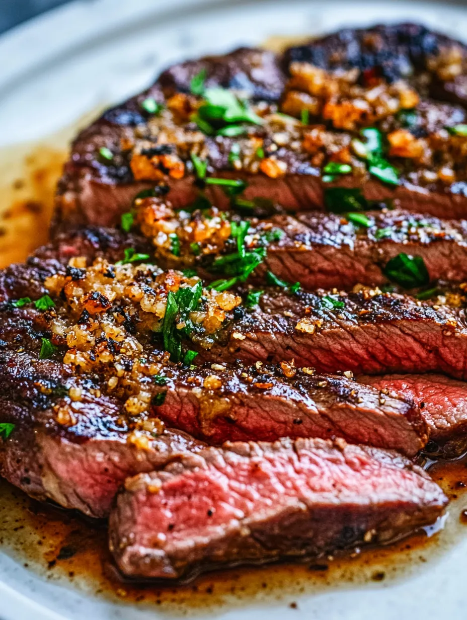 Close up of a seasoned steak sizzling in a pan.