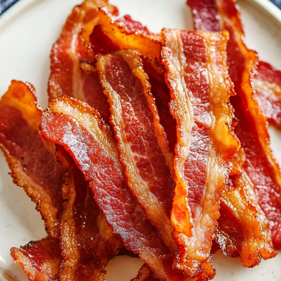 Slices of bacon on a white plate.