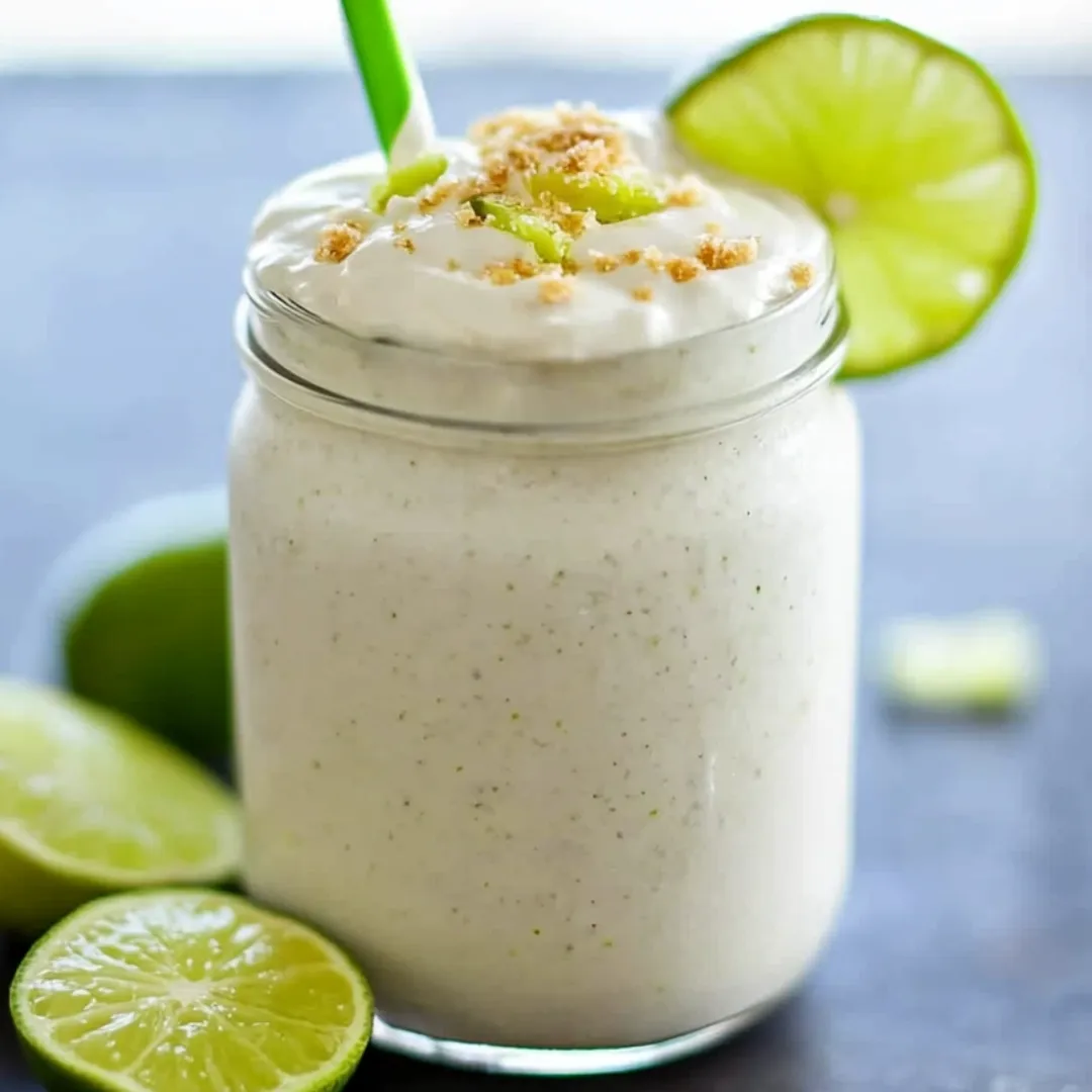 A creamy white drink topped with a lime wedge.