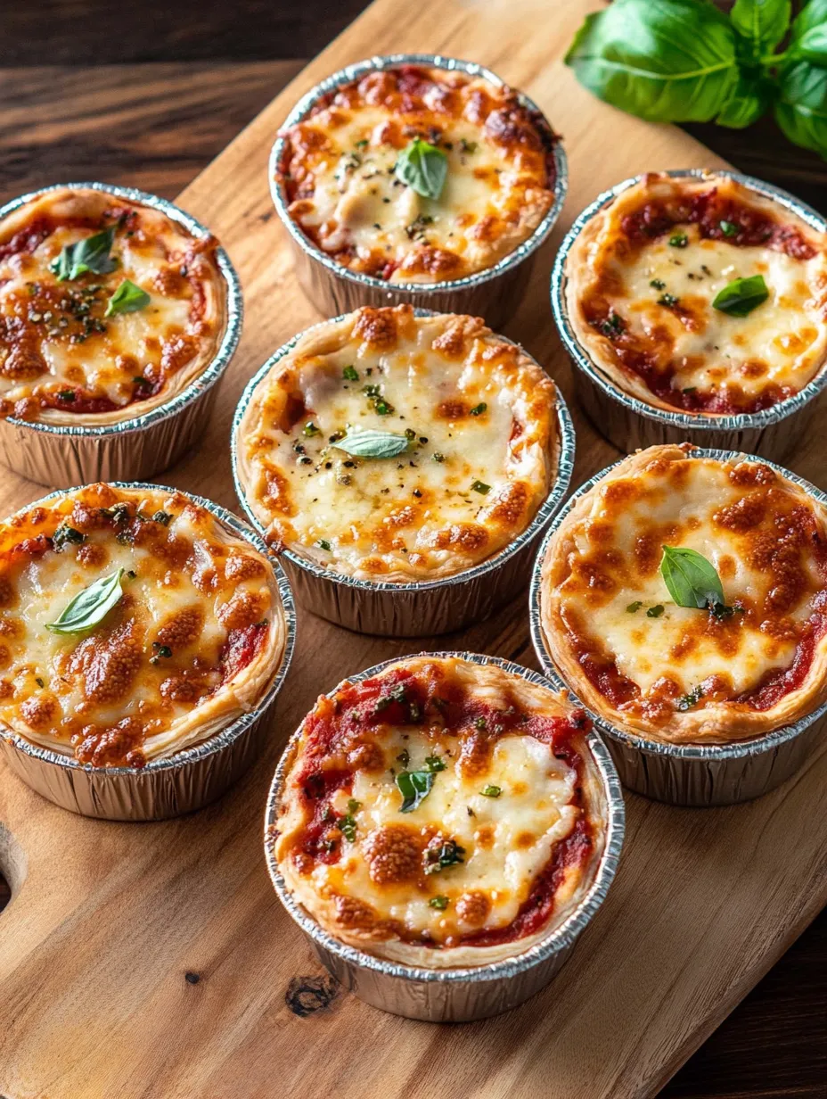 Six cheesy mini pizzas on a wooden board, ready to eat.