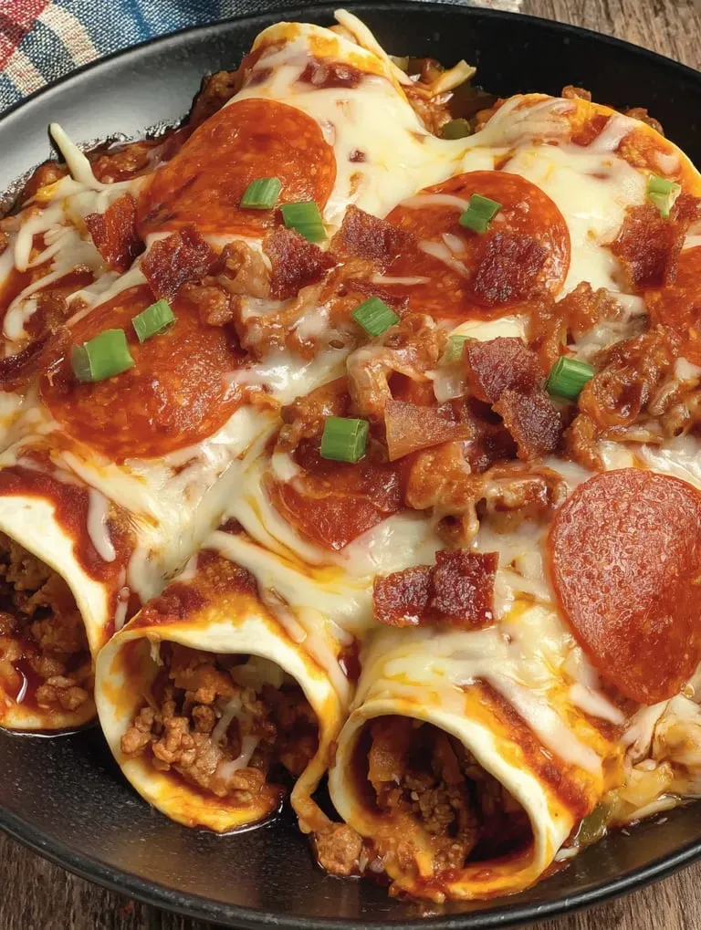 A pizza covered with cheese and pepperoni in a close-up shot.