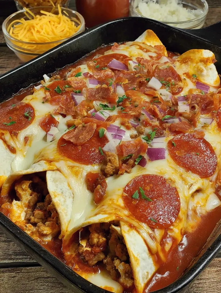 A pan packed with onions and pepperoni fresh from the oven.
