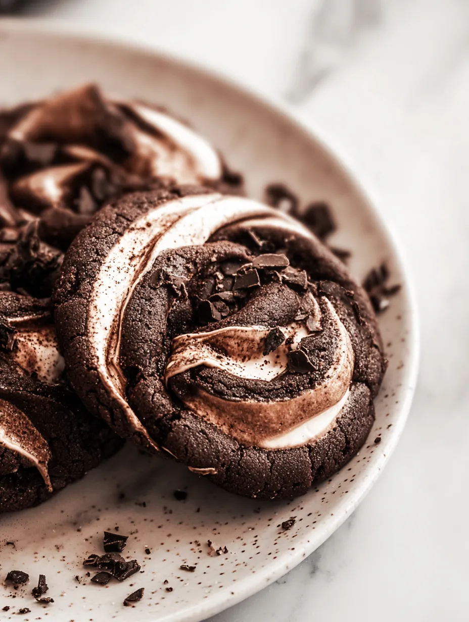 Plate stacked with chocolatey cookies and fluffy white swirls.