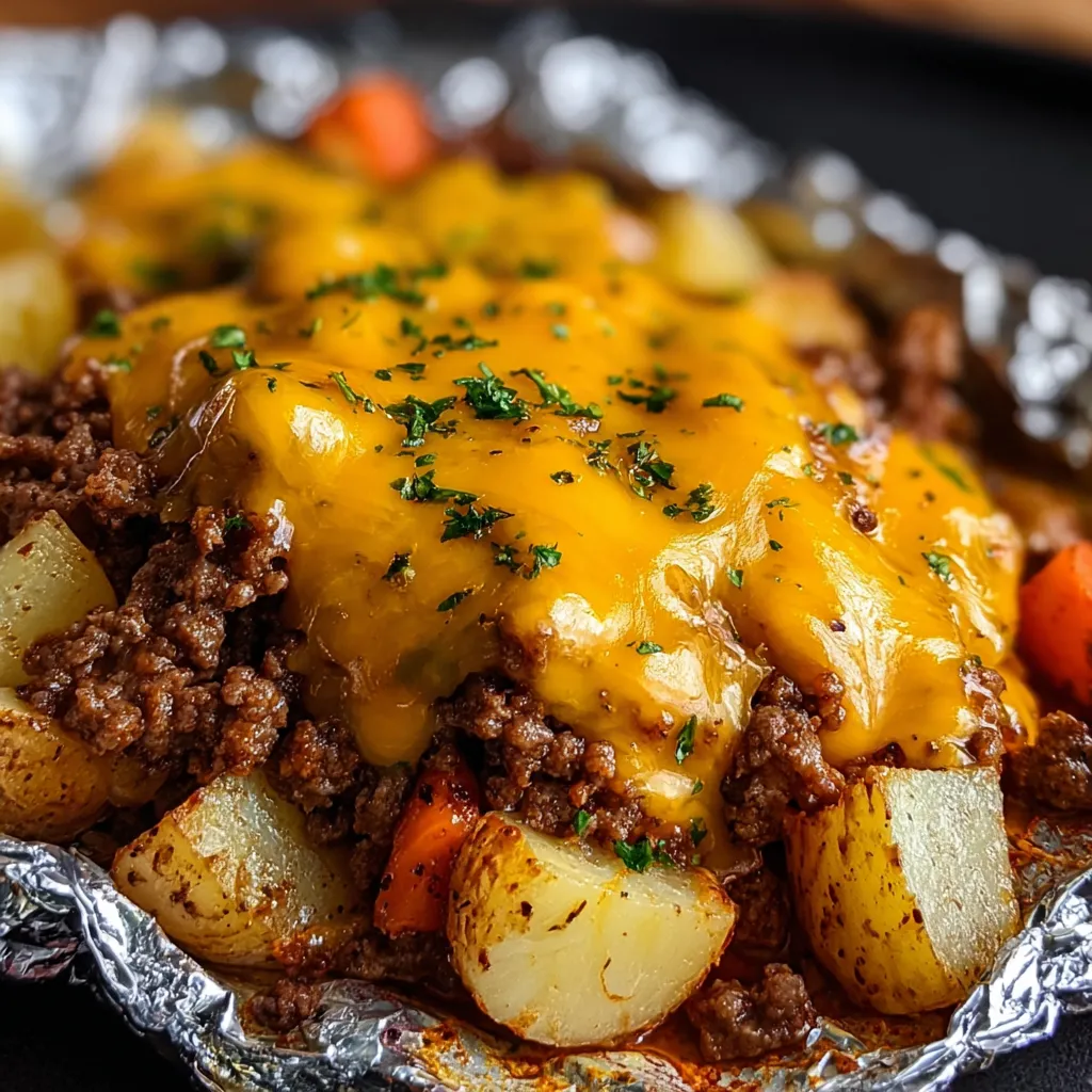 Cheesy beef and veggies close up in foil wrap.