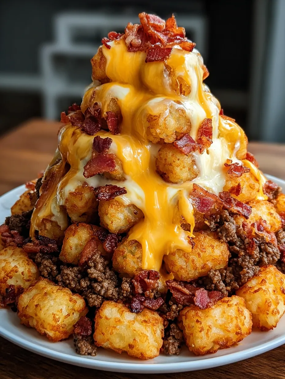 A plate piled high with tater tot cones loaded with bacon and cheese.
