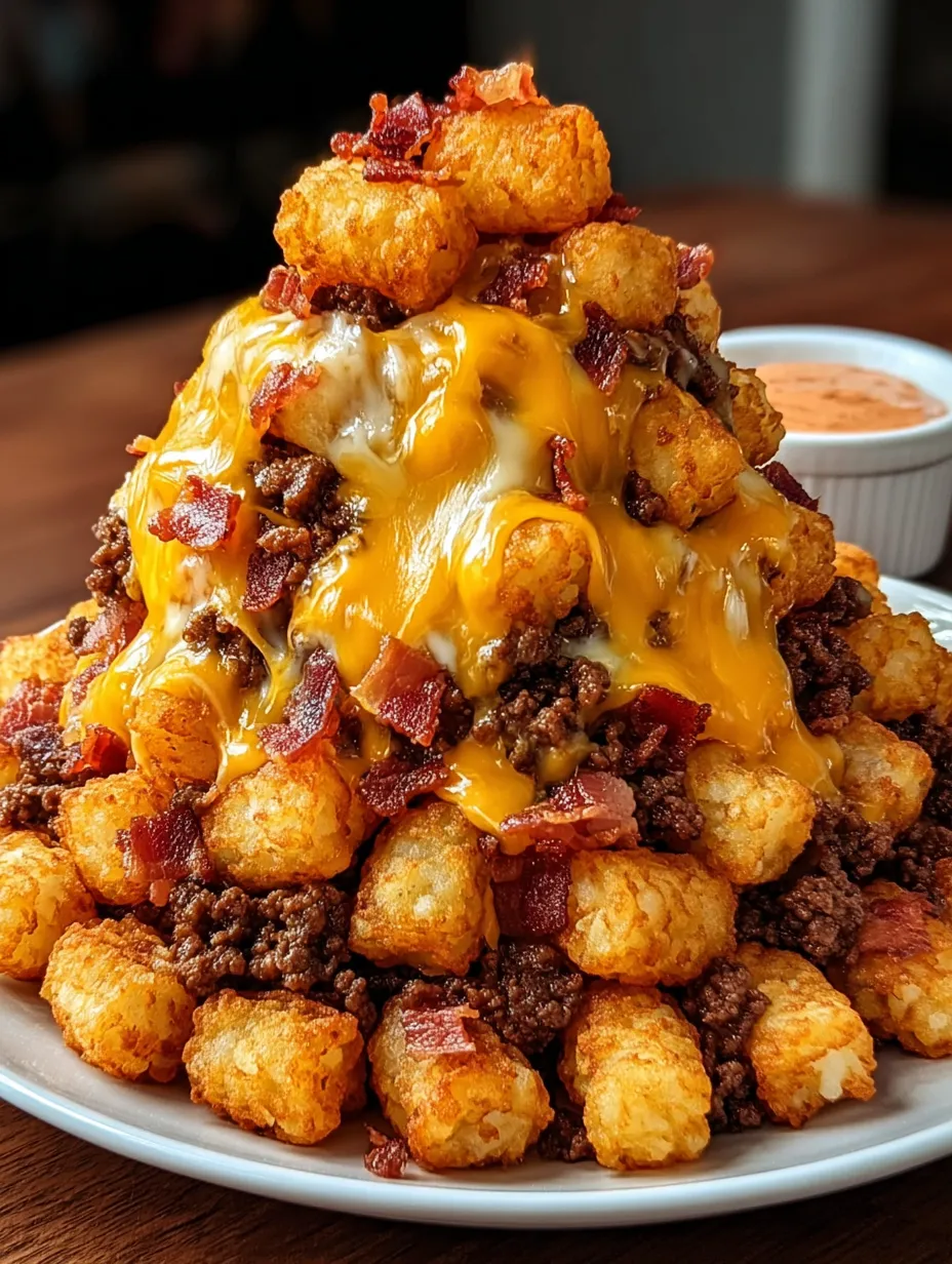 Plate stacked with tater tots, bacon, cheese, and beef.