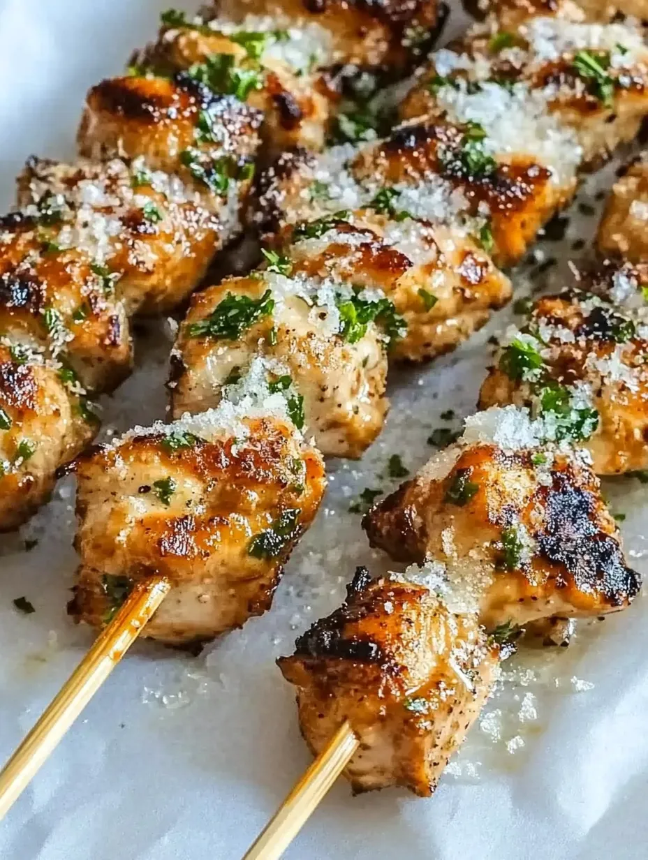 A plate stacked with saucy chicken skewers loaded with parsley and garlic.