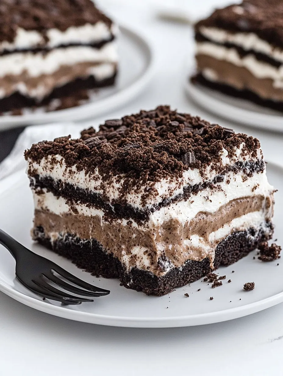 Big slice of chocolate dessert ready to eat on a plate.