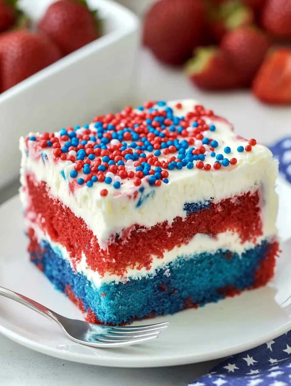 A fun slice with swirls of red, white, and blue.