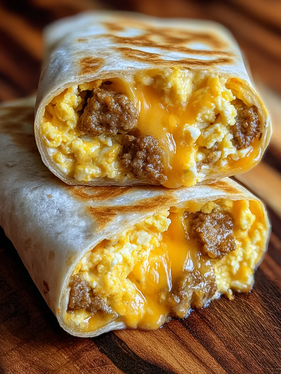A breakfast burrito packed with sausage, cheese, and eggs.