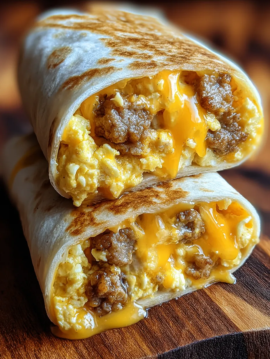 A burrito packed with eggs and sausage for breakfast.