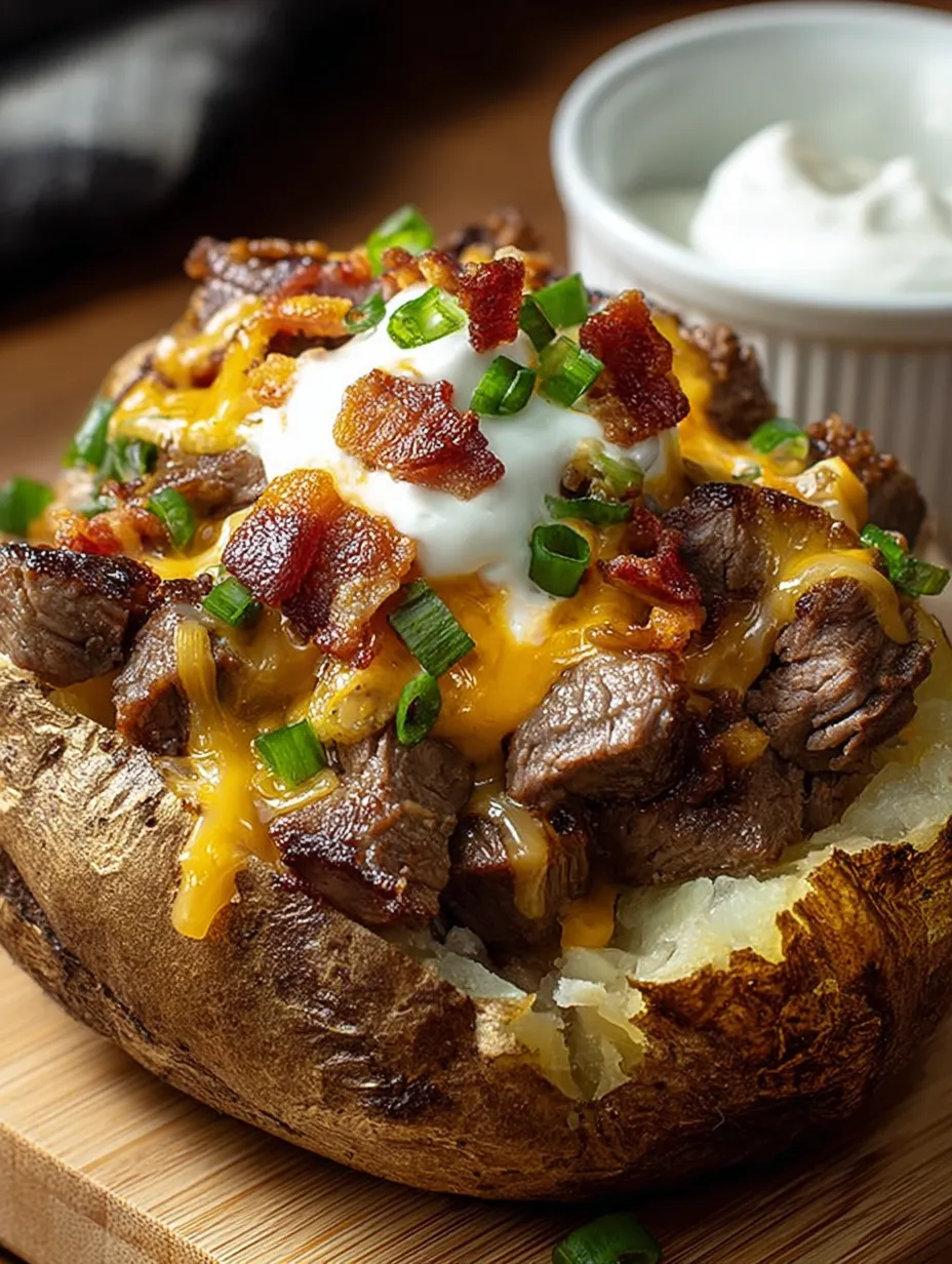 Ultra close shot of a potato loaded with bacon and cheese.