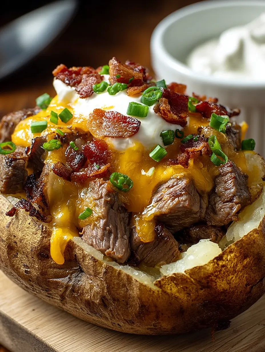 Close-up shot of steak wrapped in bacon inside a baked potato.