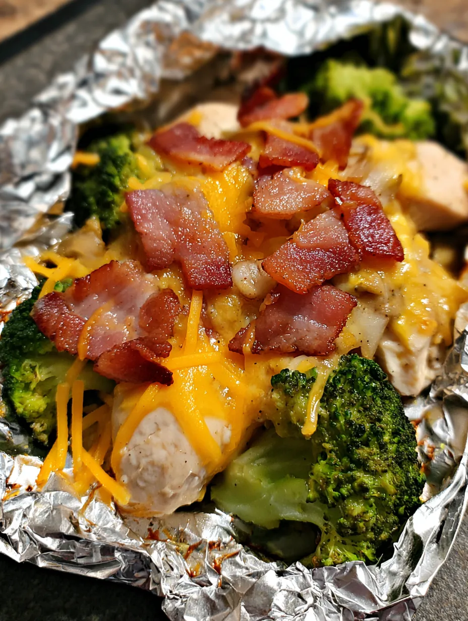 Bacon and broccoli hanging out on a foil tray.
