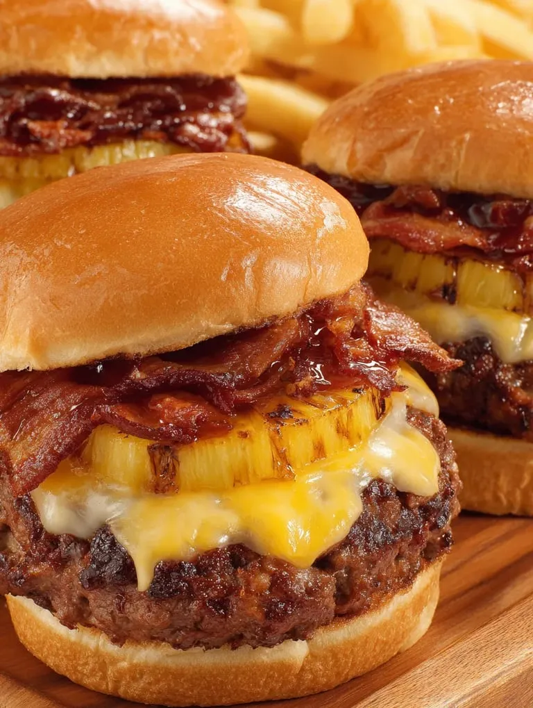 Two hamburgers topped with pineapple and beef bacon.