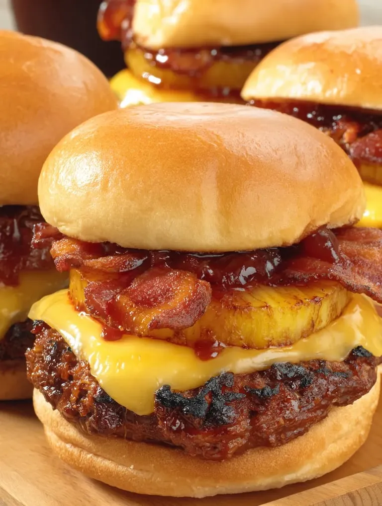 Closeup of a burger with caramelized pineapple and beef bacon.