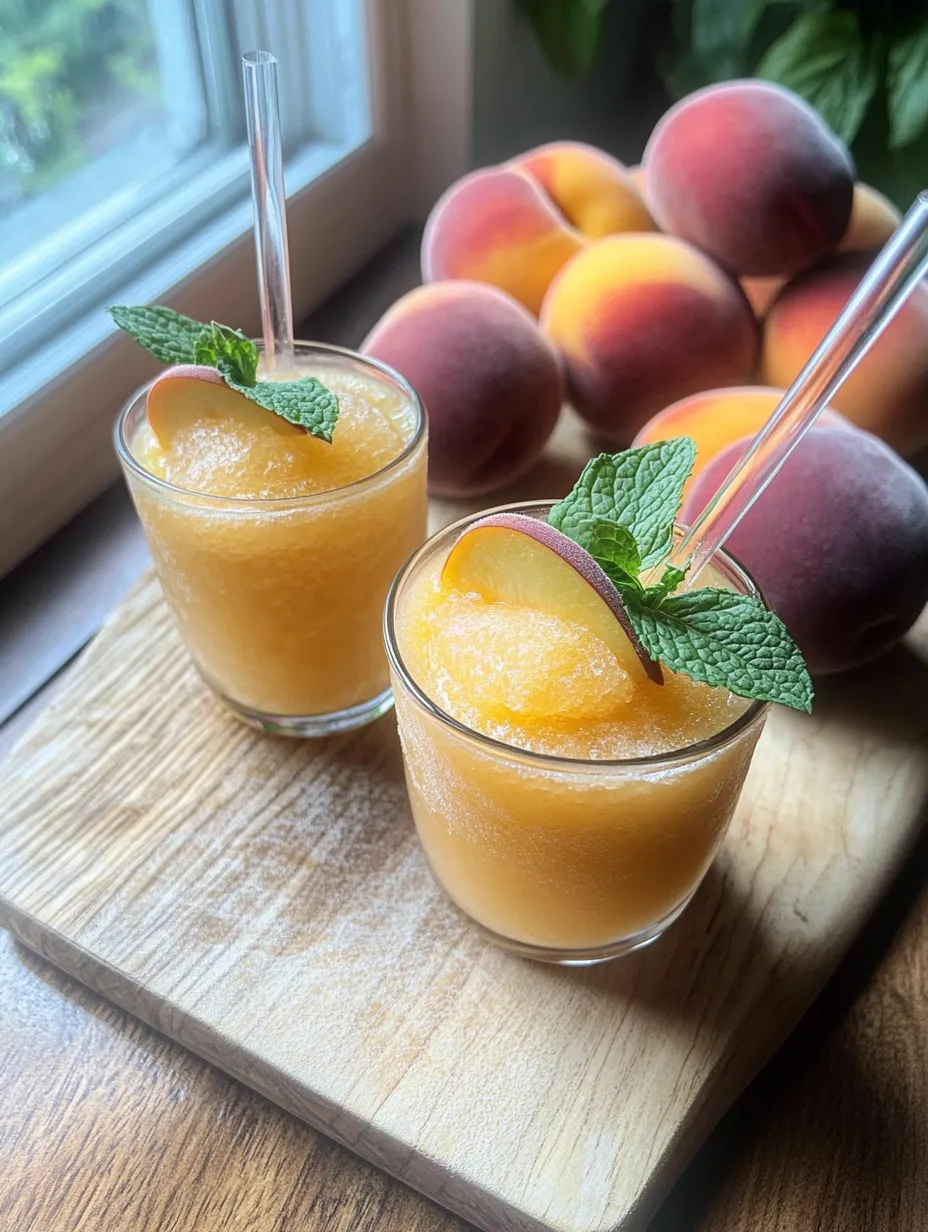 Two glasses full of peachy drink, topped with mint, on a wood surface.