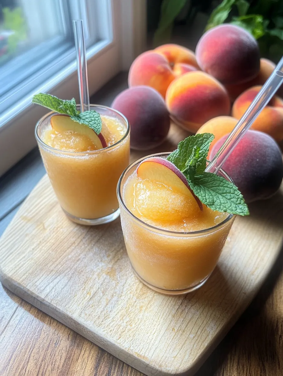 Two frosty peach drinks garnished with mint leaves.