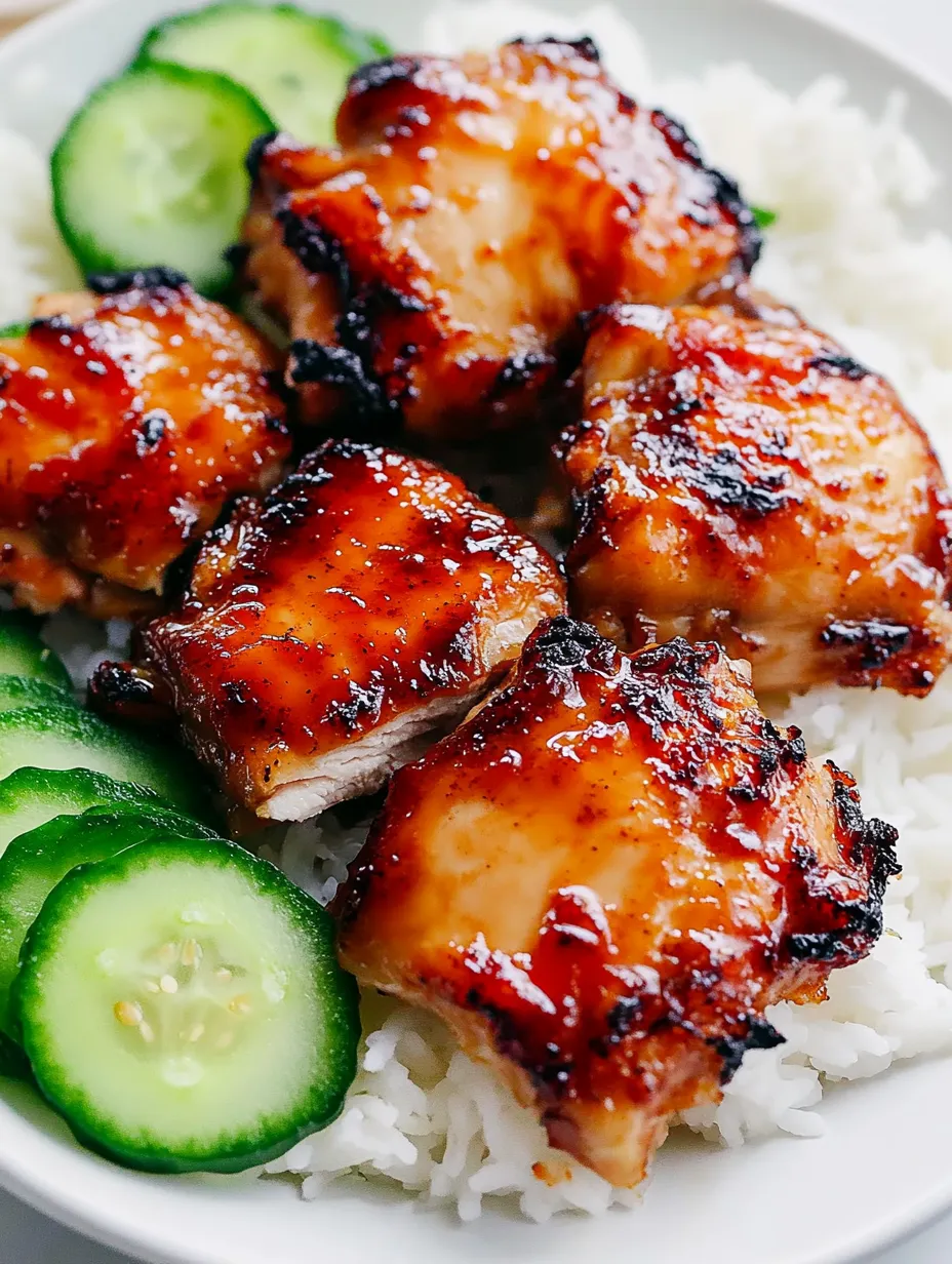 Rice, grilled chicken, and cucumbers on a plate.