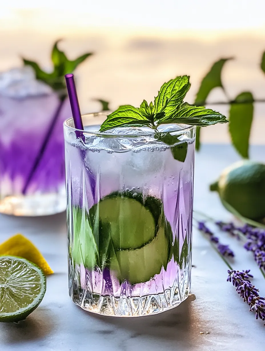 A purple drink in a glass with mint leaves on top.