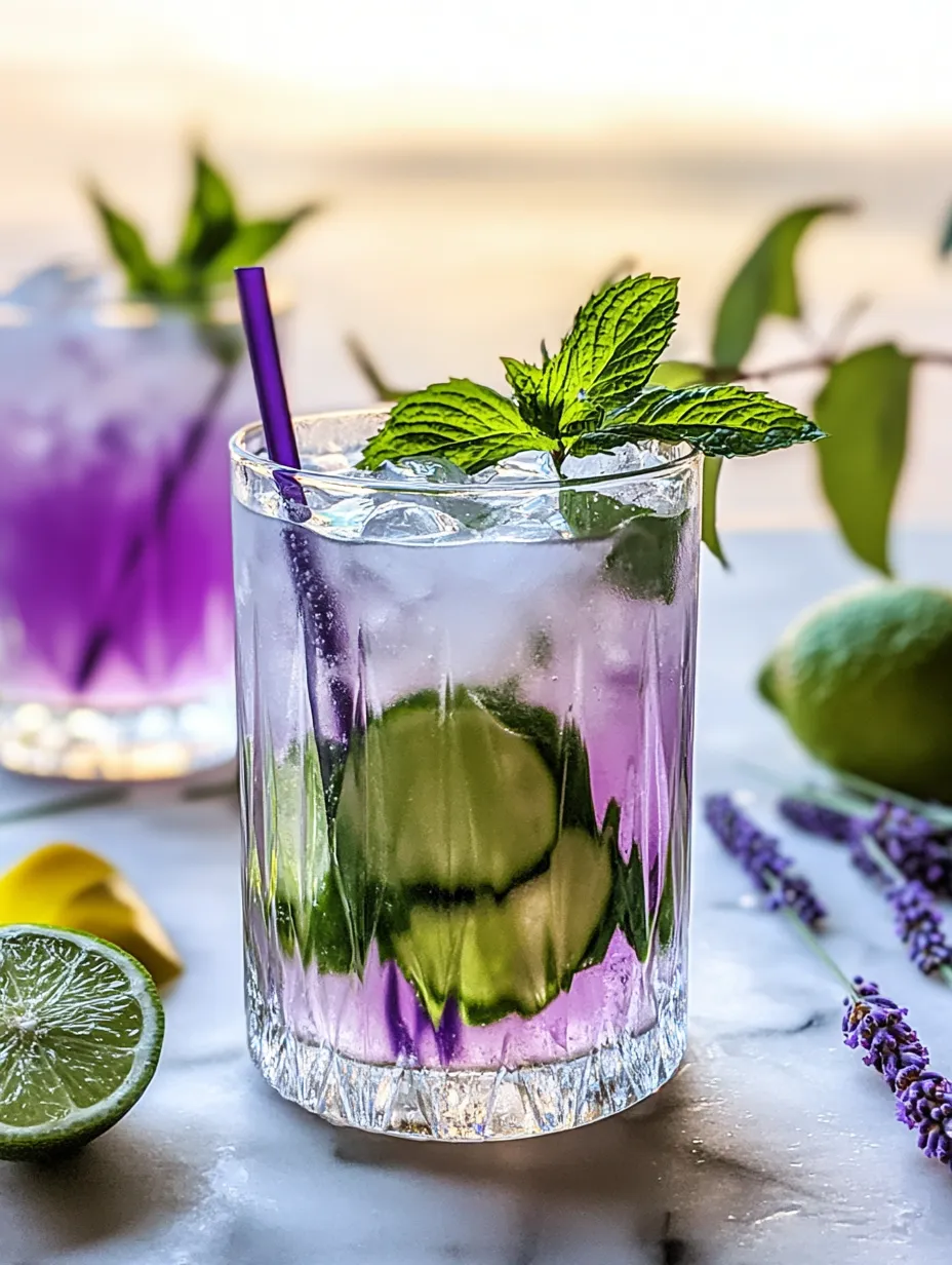 A purple drink in a glass with mint leaves on top.