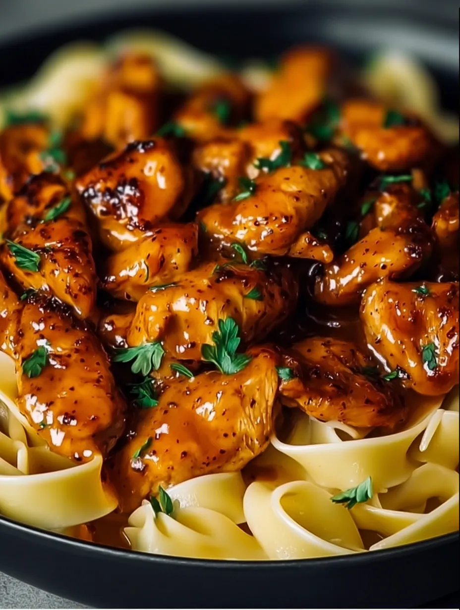 Chicken pasta piled onto a dinner plate.