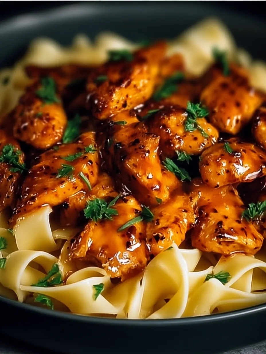 A plate stacked with chicken and pasta ribbons.