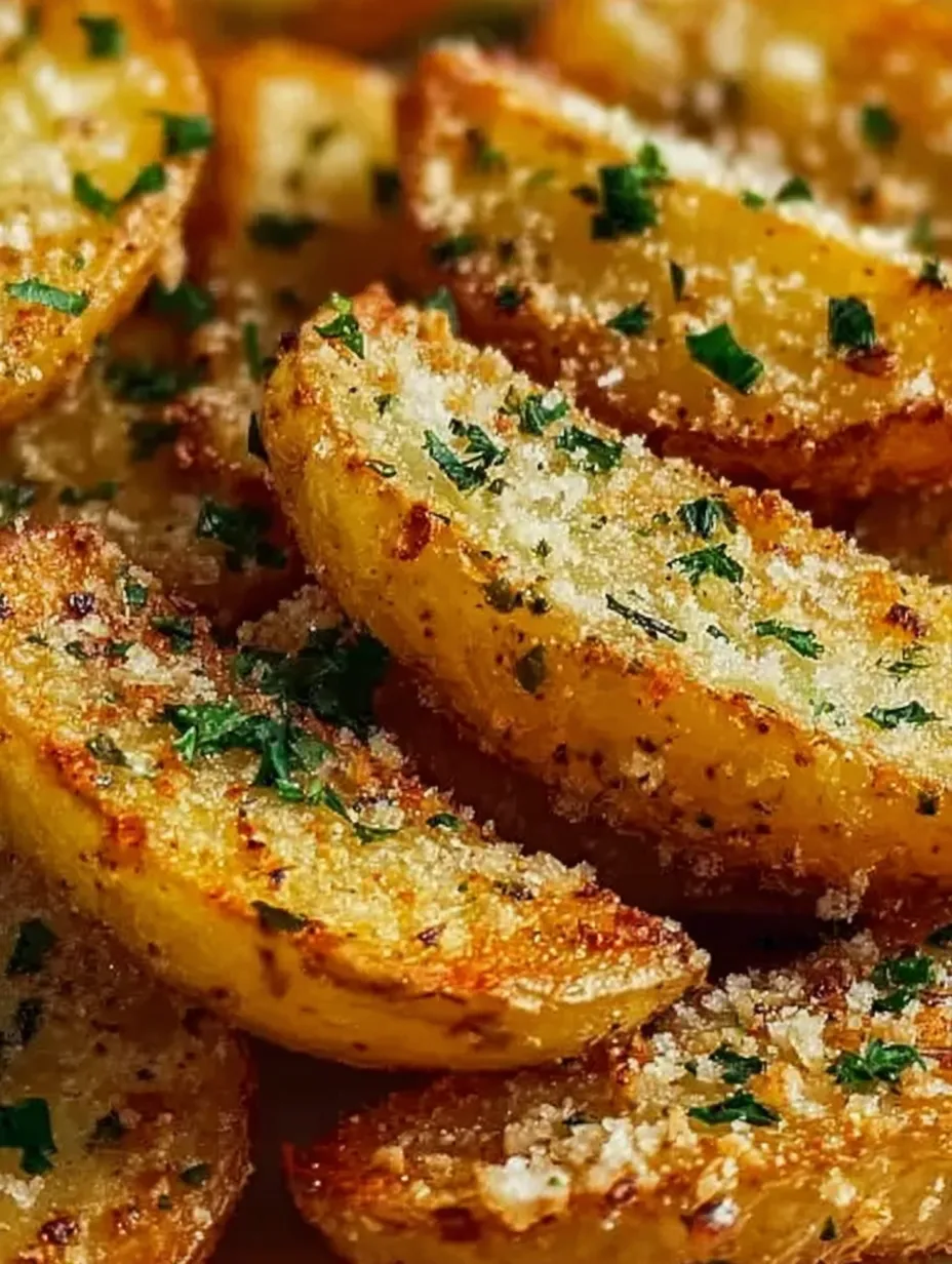 A potato wedge garnished with bright green parsley up close.