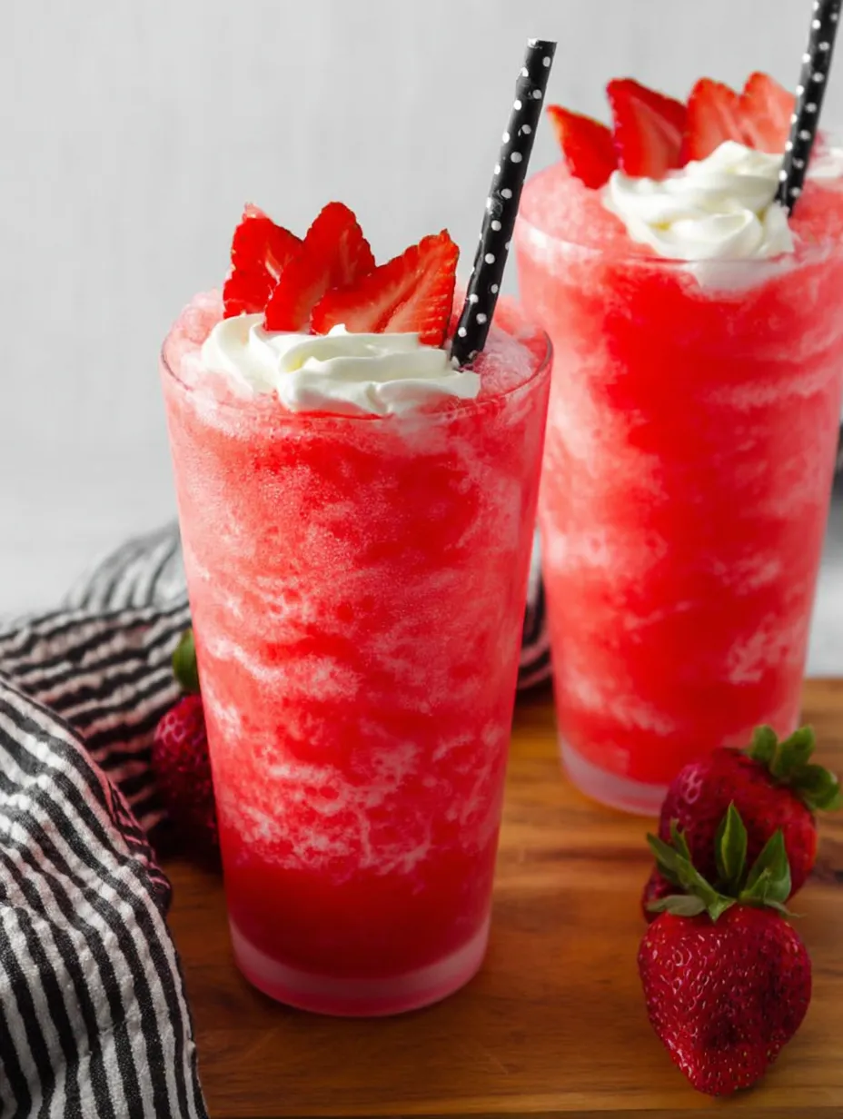 Two glasses filled with red strawberry milkshake with creamy layers, served chilled.