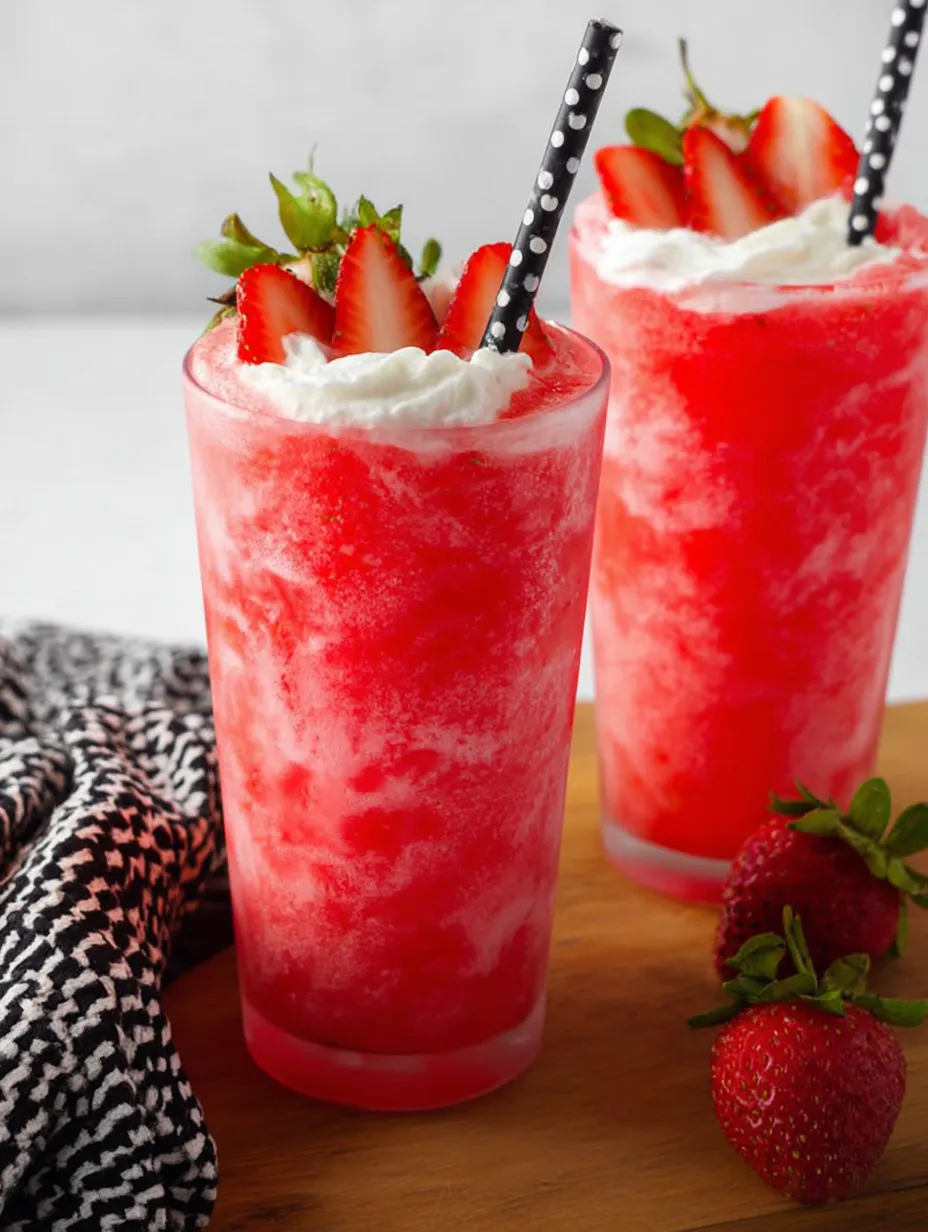 Two glasses filled with red strawberry milkshake, looking cold and creamy.