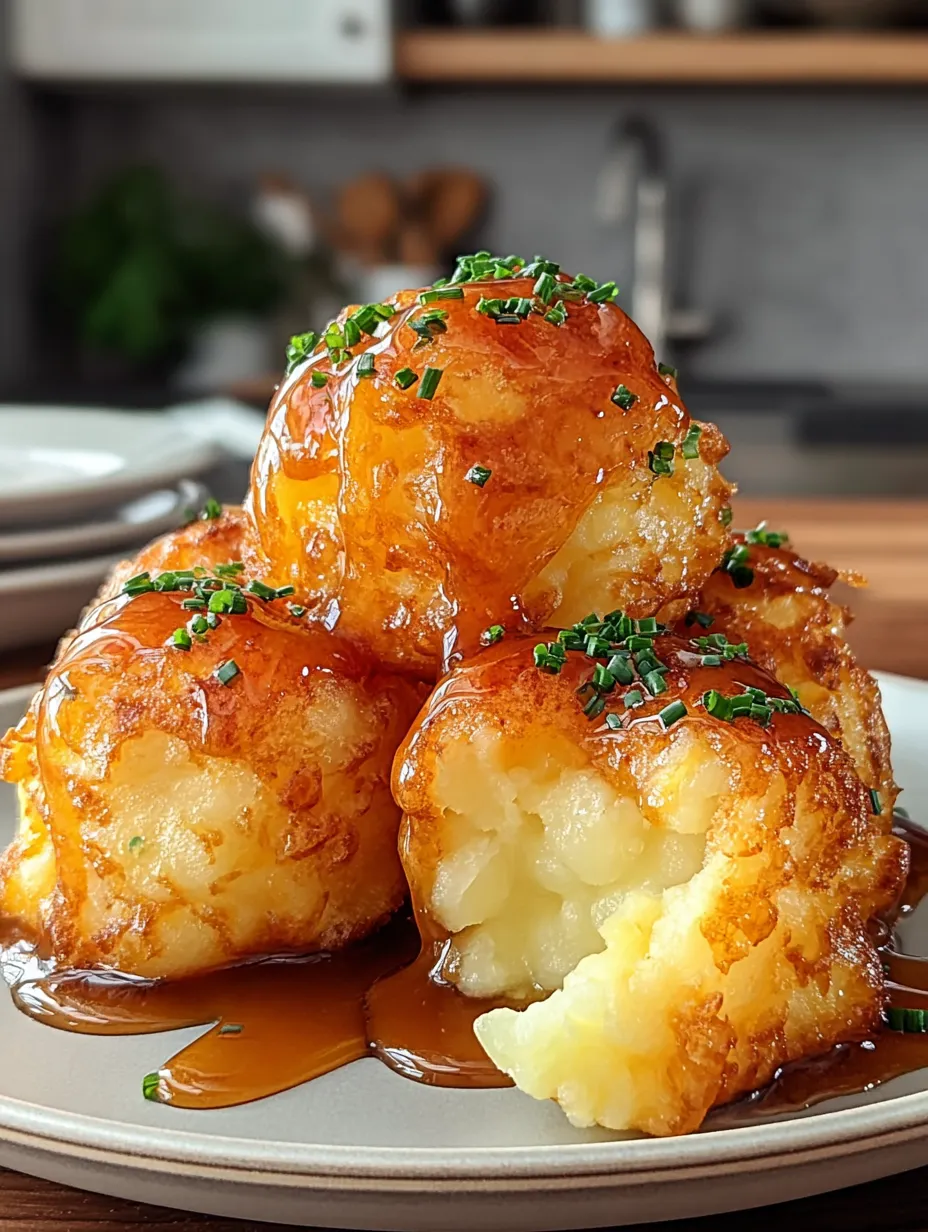 Three fried potato balls with dipping sauce stacked together.