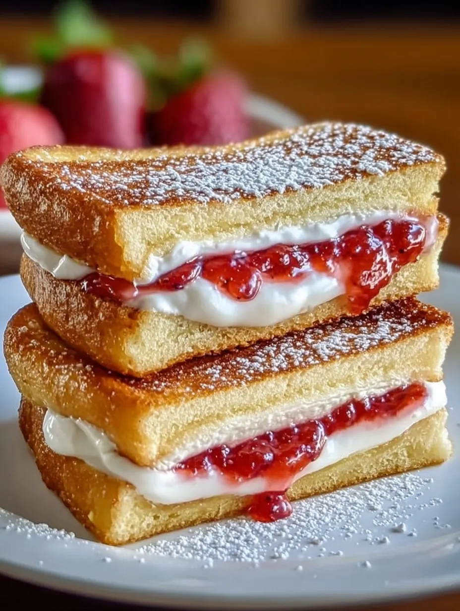 Three fried sandwiches layered high with sweet cream and strawberry jam.