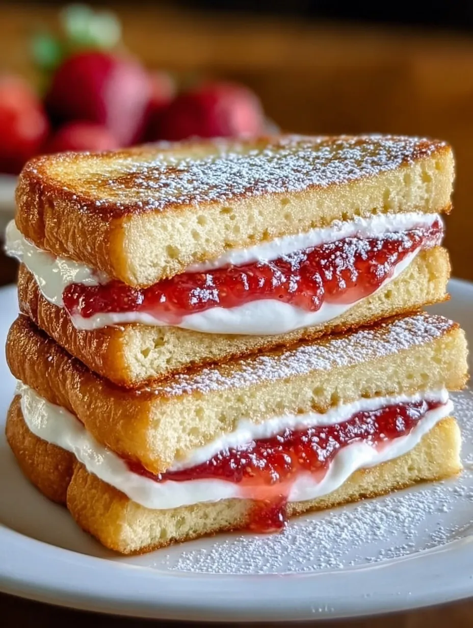 A pile of sandwiches with fluffy white cheese and strawberry jam.