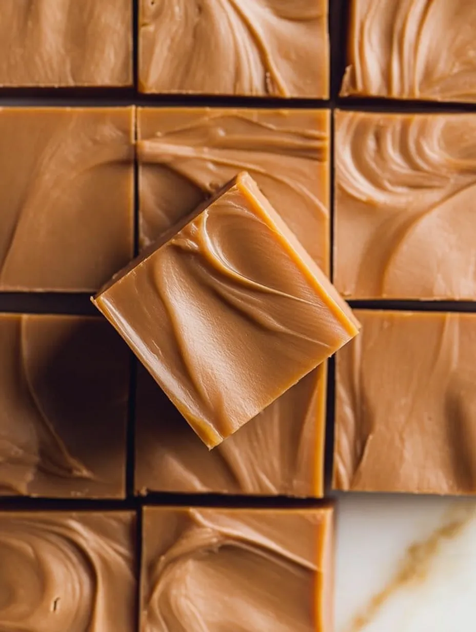 A caramel square with a missing bite.