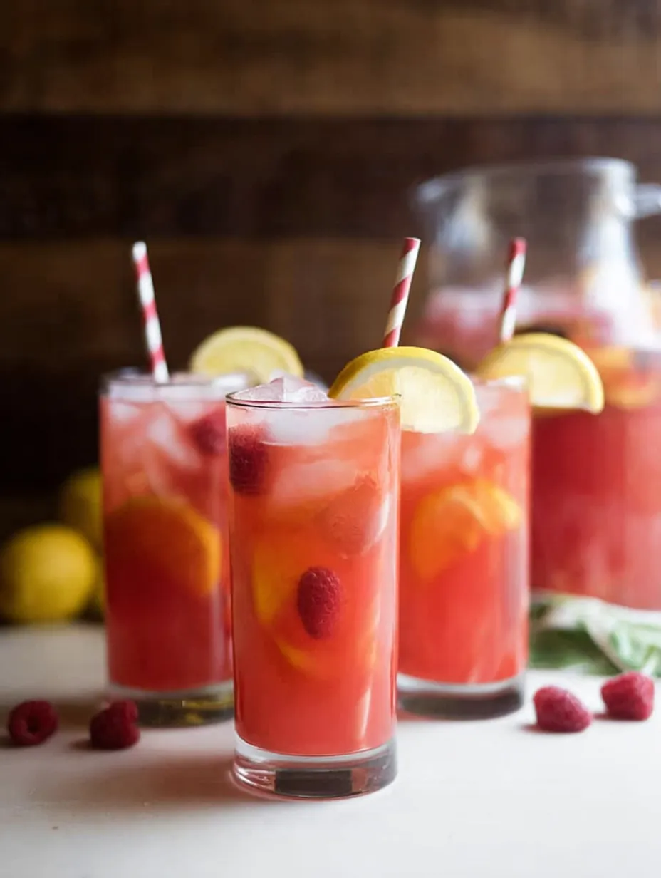 Pink drinks with lemon wheels inside three clear glasses.