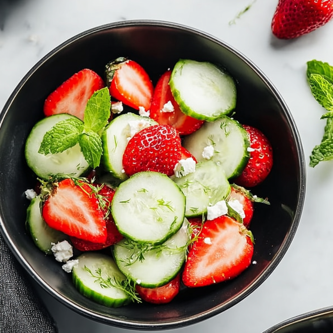 A bowl filled with strawberries, cucumbers, and sprigs of mint.