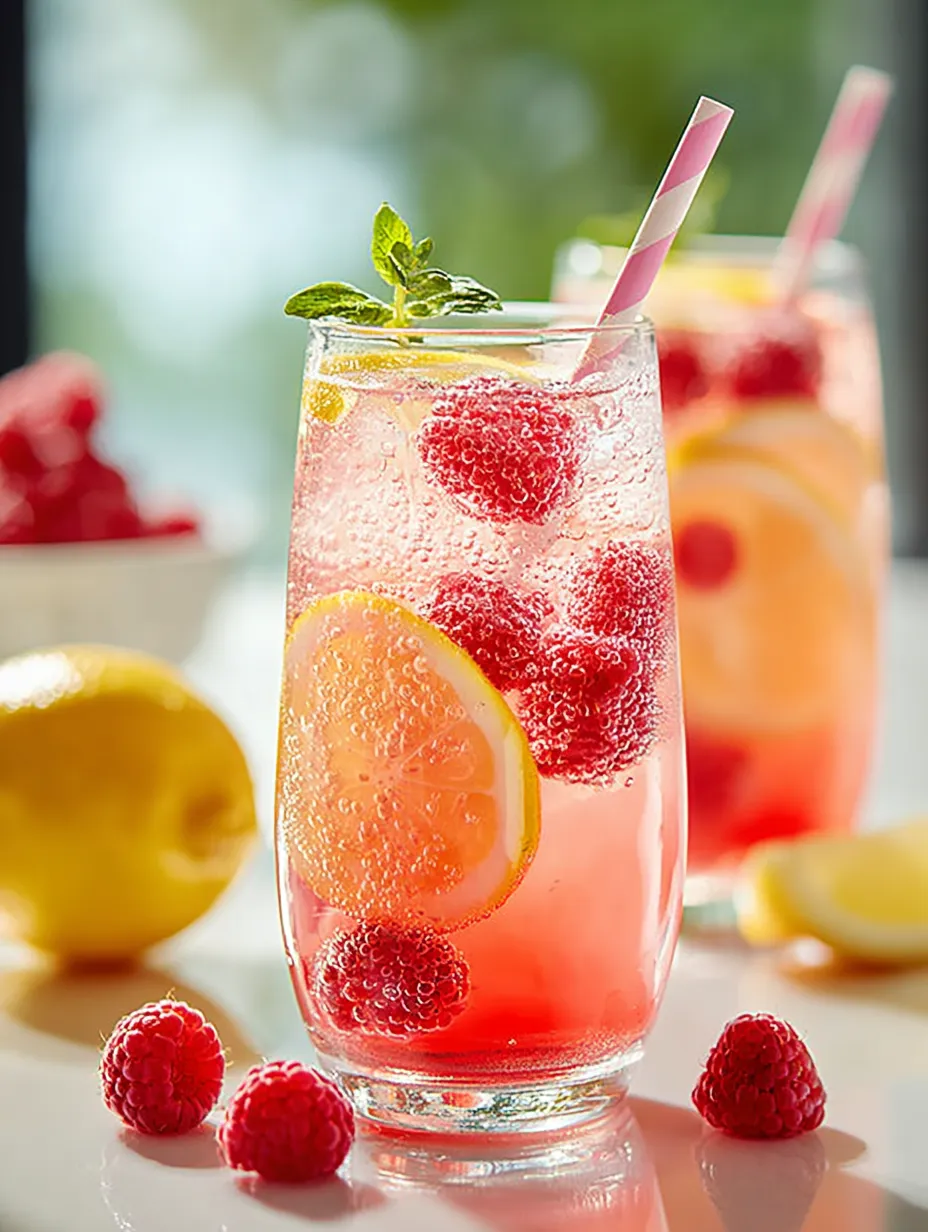 A straw pokes from a bright pink glass of lemonade, ready to sip.