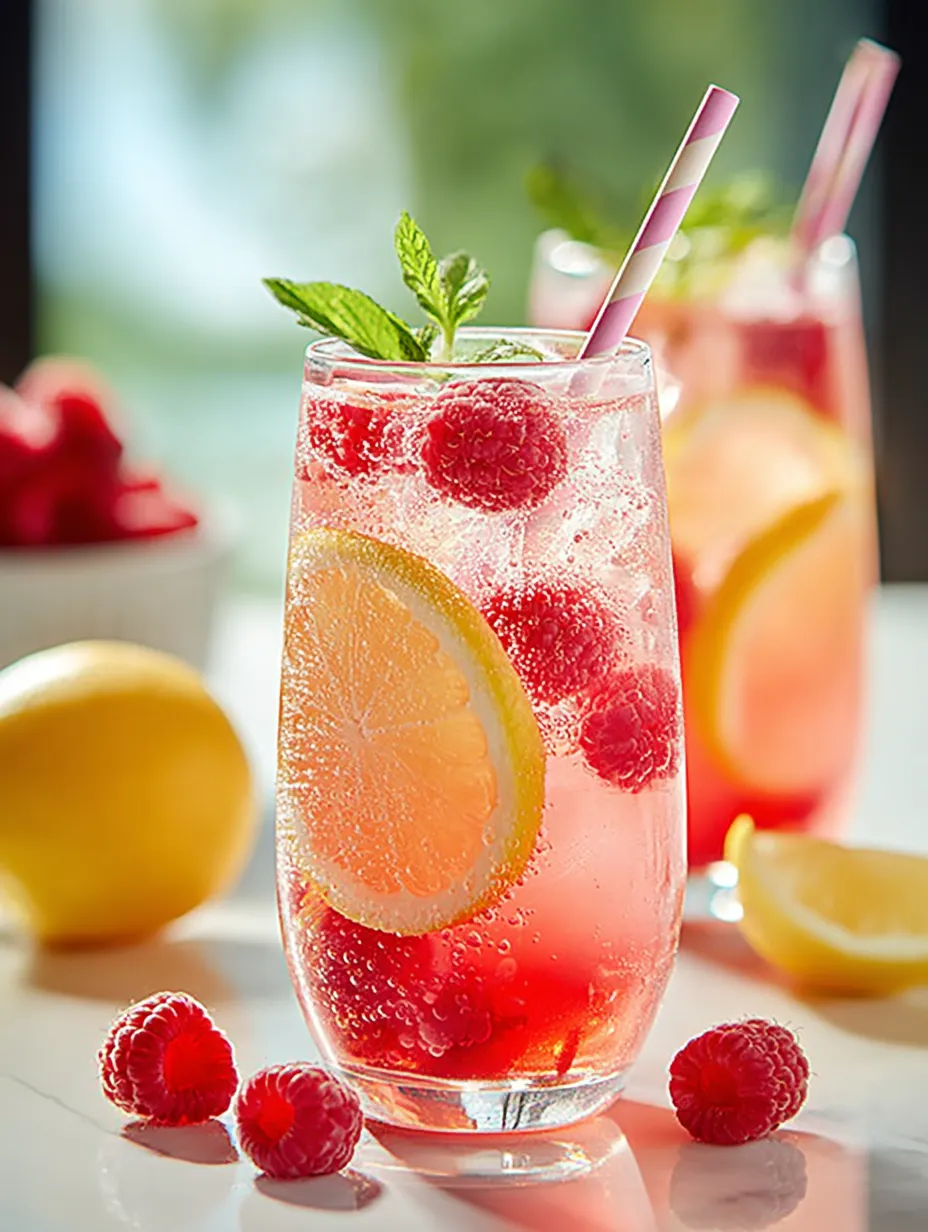 A glass, glowing pink, with juicy lemonade, a slice of lemon, and a pop of raspberry.