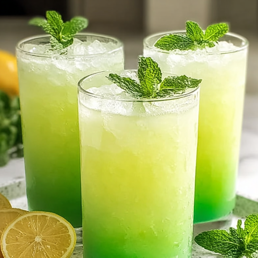 Three glasses full of bright green and yellow drinks.