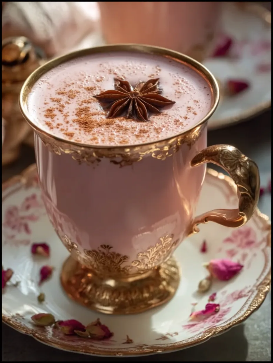 A gold-rimmed cup filled with pink tea and a spoon resting inside.