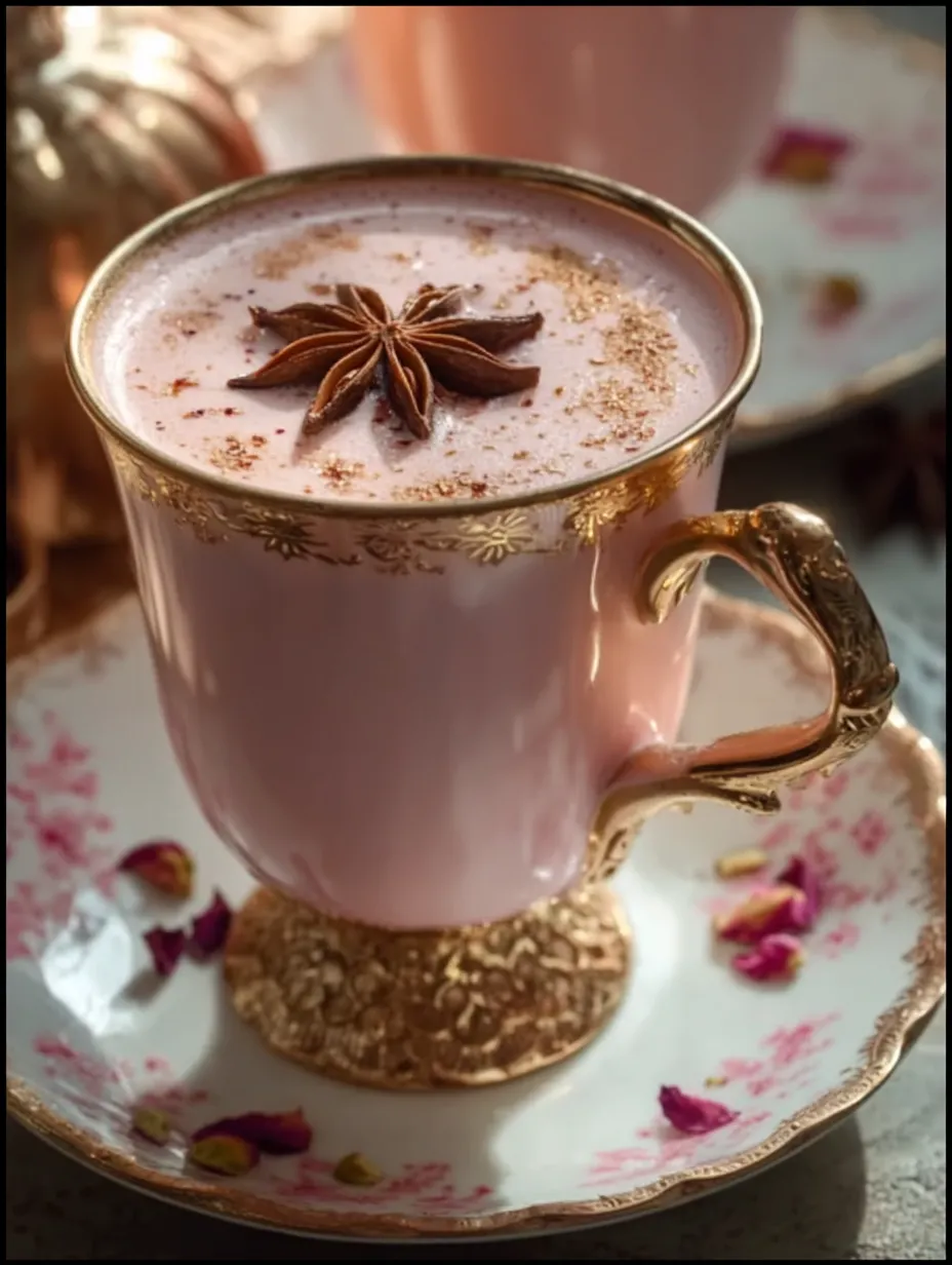 A pink drink in a gold-rimmed cup, topped with a star-shaped spice.