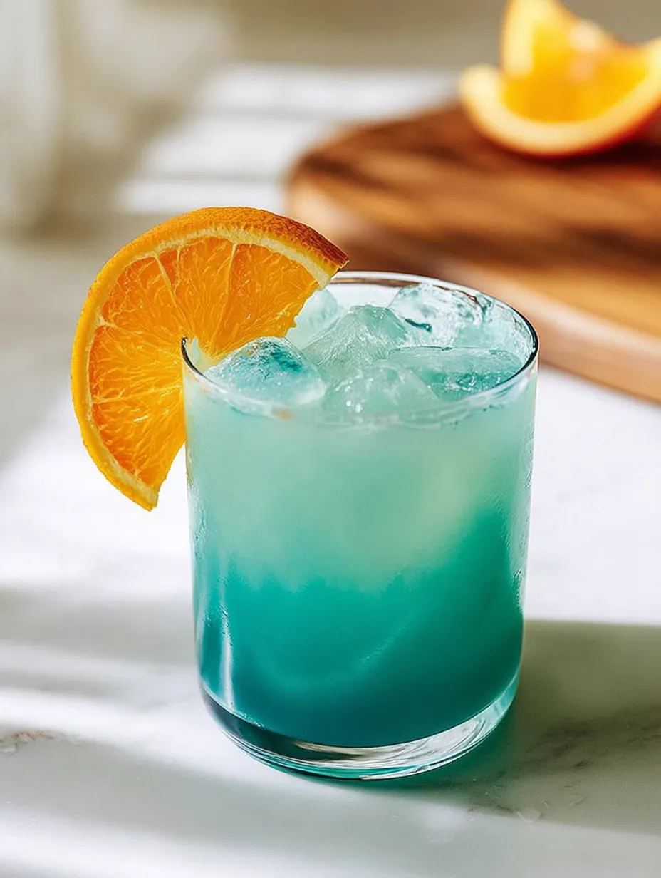 Tall blue mocktail surrounded by orange slices on a sunny table.