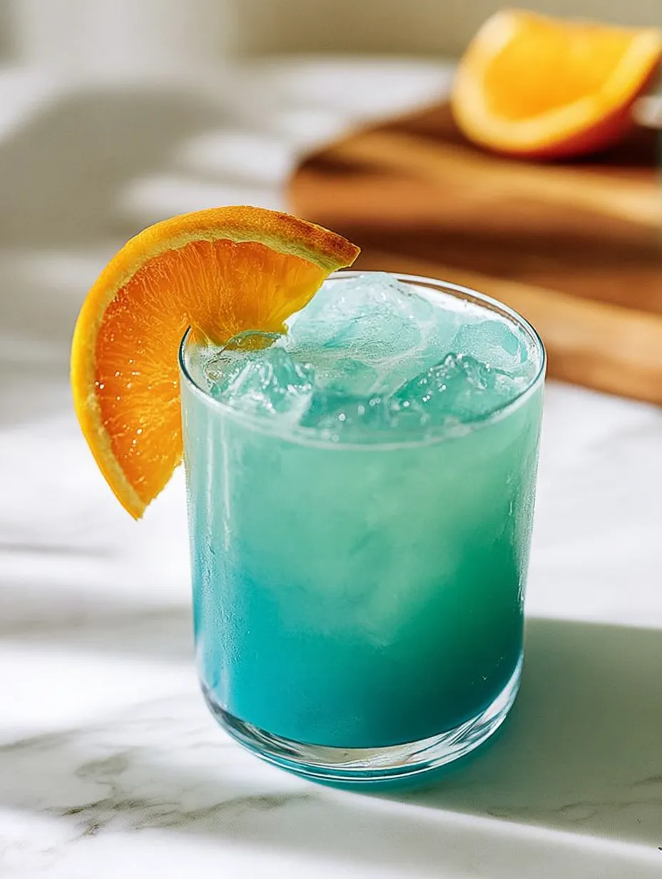 A tall glass packed with blue punch and a bright orange slice floating on top.
