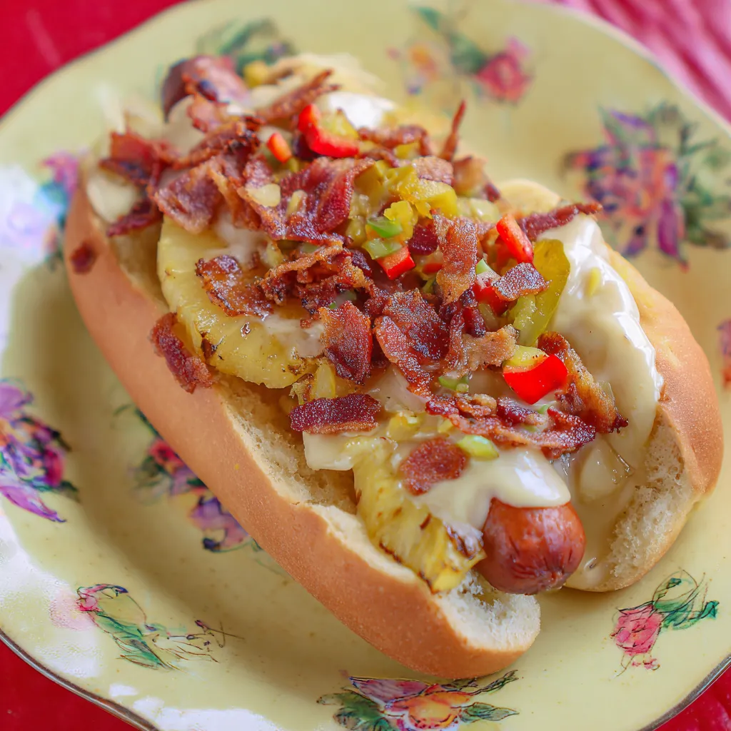 Plate with hot dog loaded with bacon and cheese.