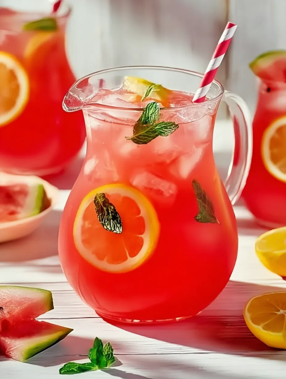 Pitcher filled with rosy lemonade and straw ready to go.