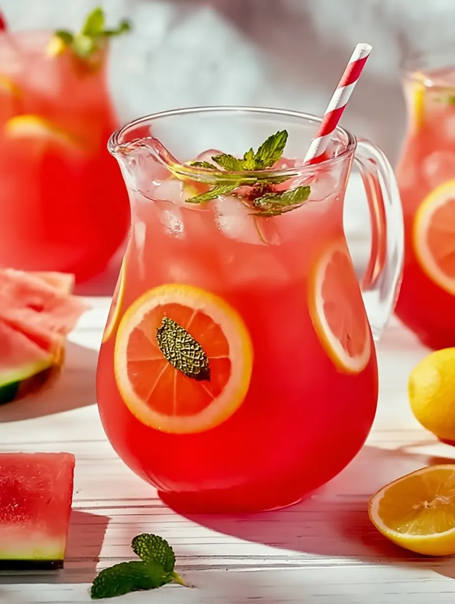 Pink drink in a tall glass with a lemon slice up front.