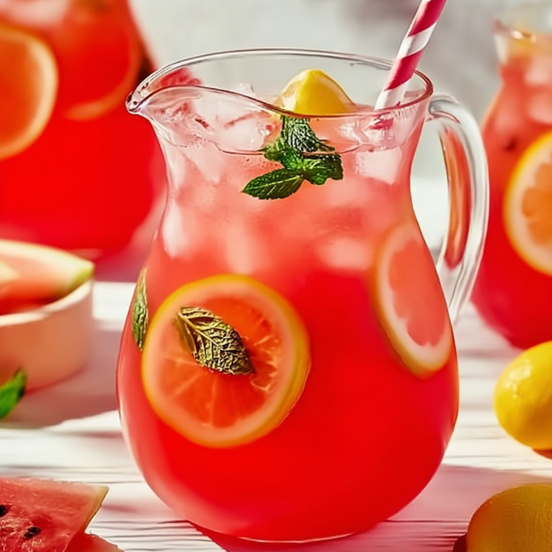 There’s a big jar of rosy lemonade with a lemon slice floating inside.