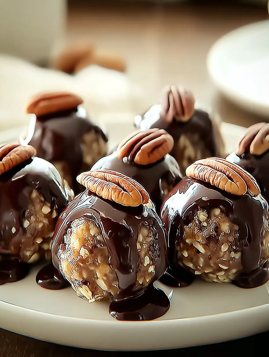 Chocolate covered balls topped with chopped nuts.